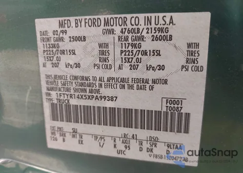 1999 Ford Ranger Xlt из США, поврежденный, VIN 1FTYR14X5XPA99387